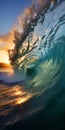 a wave is breaking into the water at sunset - Generative AI Royalty Free Stock Photo