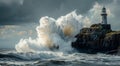 The wave crashes against the rock with the lighthouse Royalty Free Stock Photo