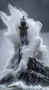 The wave crashes against the rock with the lighthouse Royalty Free Stock Photo