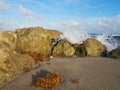 Wave crashes against rocks at the beach