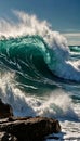 A wave crashes against a rocky headland with dynamic impact. AI generated illustration.