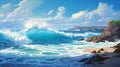 Pacific Ocean Waves Crashing Onto Waimea Bay Shore - Digital Painting