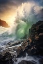 A wave crashing over rocks at sunset on a beach, AI Royalty Free Stock Photo