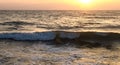 Wave crashing in the sea, at sunset with water drops splashing and flying in the air and warm orange color from the sun