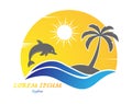 Wave with a dolphin palm tree on the island and the sun. Vector illustration for logo, emblem, sticker and creative design Royalty Free Stock Photo