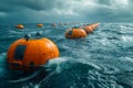 Wave energy converters bobbing on surface of the ocean, converting kinetic energy of waves into usable electricity