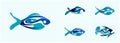 Wave fish creative symbols set. Water splash shape logo template. Seafood restaurant, shop, store logotype. Blue sea