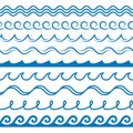 Wave frames. Seamless marine wavy pattern, blue line ornament, sea surf decorative border, curved swirls water