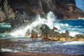 Wave hit the rock at beach, sea water splash at sea. Seascape. Splashes from the waves bumping against the rocky shore. Royalty Free Stock Photo