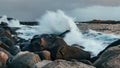 Wave hiting rocks at sunset