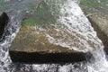 The wave is lapping over a square rock on the pier covered in green algae