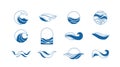 Wave logo vector set. Water icon templates. Abstract line sea, ocean surges in circle. Nature blue liquid concept design