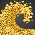 The wave of money. Huge tsunami wave of gold coins. Success and good profits concept.