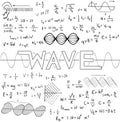 Wave physics science theory law and mathematical formula equation, doodle handwriting and frequencies model icon in white isolate