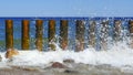 Wave on the seashore crashes on wooden breakwaters Royalty Free Stock Photo
