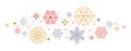 Wave snowflakes background isolated, group snowflakes with stars banner, colored Christmas border - vector