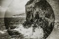 Wave splash on rock cliff in Sorrento, Italy. Blackand white seascape Royalty Free Stock Photo
