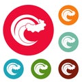 Wave storm icons circle set vector