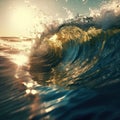 A wave with the sun in the background. Big ocean waves close up.