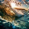 A wave with the sun in the background. Big ocean waves close up.