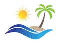 Wave, the sun, and the island with the palm tree. Vector illustration for logo, emblem, sticker and creative design Royalty Free Stock Photo