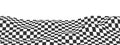 Waved checkered pattern background. Warped texture with black and white squares. Undulate chess board, race flag