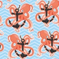 Seamless pattern with cheerful octopus and anchor.