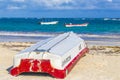 Waves boats caribbean coast and beach panorama view Tulum Mexico