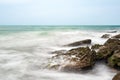 Waves breaking against coastal rocks scene Royalty Free Stock Photo