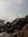 Waves breaking on the beach stones