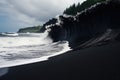 Waves breaking on black sand beach in Hawaii, Big Island, Silhouettes of tourists enjoying the black sand beach and ocean waves,