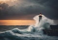 waves breaking off of the shore of a light house on a stormy day Royalty Free Stock Photo