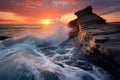 waves breaking over a long, flat rock at sunset