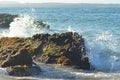 Waves breaking over seaweed covered rocks.