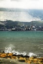 Waves breaking on rocks, Tsemesskaya bay, Black Sea coast of Krasnodar region, Russia Royalty Free Stock Photo