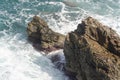 The waves breaking on a stony beach, forming a spray. Wave and splashes on beach. Waves crashing onto rocks.