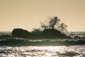 Waves crash against the rocks at sunset at Rialto Beach, Washington, US Royalty Free Stock Photo