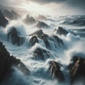 Waves crash against rocky shoreline in brewing storm Royalty Free Stock Photo