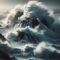 Waves crash against rocky shoreline in brewing storm Royalty Free Stock Photo