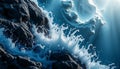 Waves crash against rugged rocks, capturing a dynamic scene of oceanic power.
