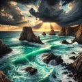 Waves crash against rugged rocks under a dramatic sky at sunset. Rays of sunlight break through the clouds, illuminating the ocean Royalty Free Stock Photo