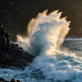 Waves crash dramatically against rocky cliffs, sending up a massive spray illuminated Royalty Free Stock Photo