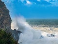 waves crash on a rocky beach near some rocks and trees Royalty Free Stock Photo