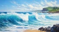 Realistic Landscape Painting: Crashing Waves At Waimea Bay, Oahu