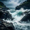 waves crashing against the rocks on a stormy day Royalty Free Stock Photo