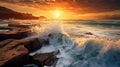 Waves crashing against rocky shore under serene sunset.AI Generated Royalty Free Stock Photo