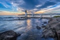 Waves Crashing at Marshall Point Lighthouse Sunset Royalty Free Stock Photo