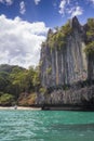 Waves crashing over rock formation cliffs Royalty Free Stock Photo