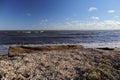 Waves crashing on shell-covered shore