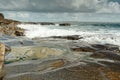 Waves crushing on a rocks of Clahane Shore Area, county Clare, Ireland. Irish landscape. Cloudy sky. Nobody Royalty Free Stock Photo